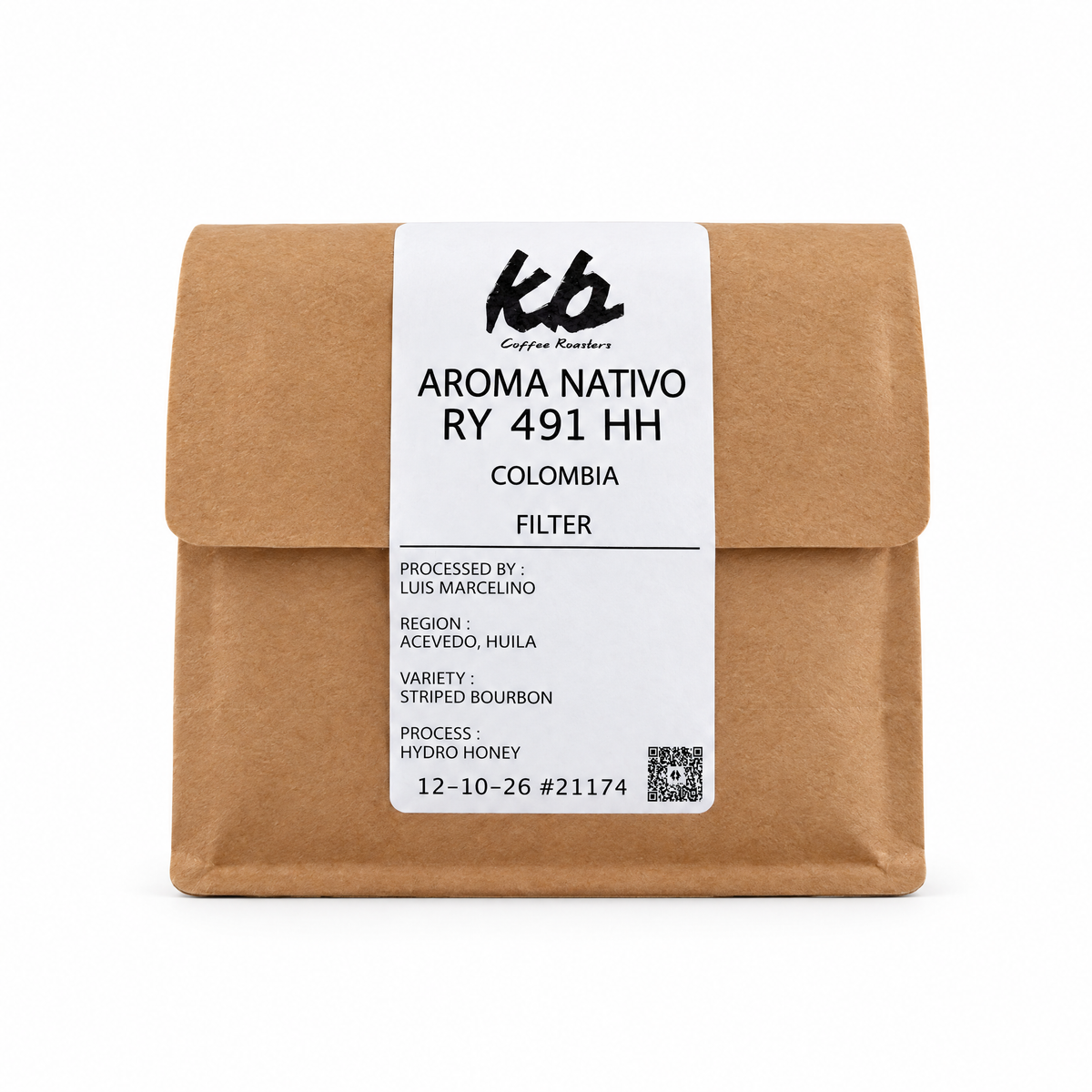 KB Coffee Roasters Aroma Nativo RY 491 HH coffee bag with label on white background