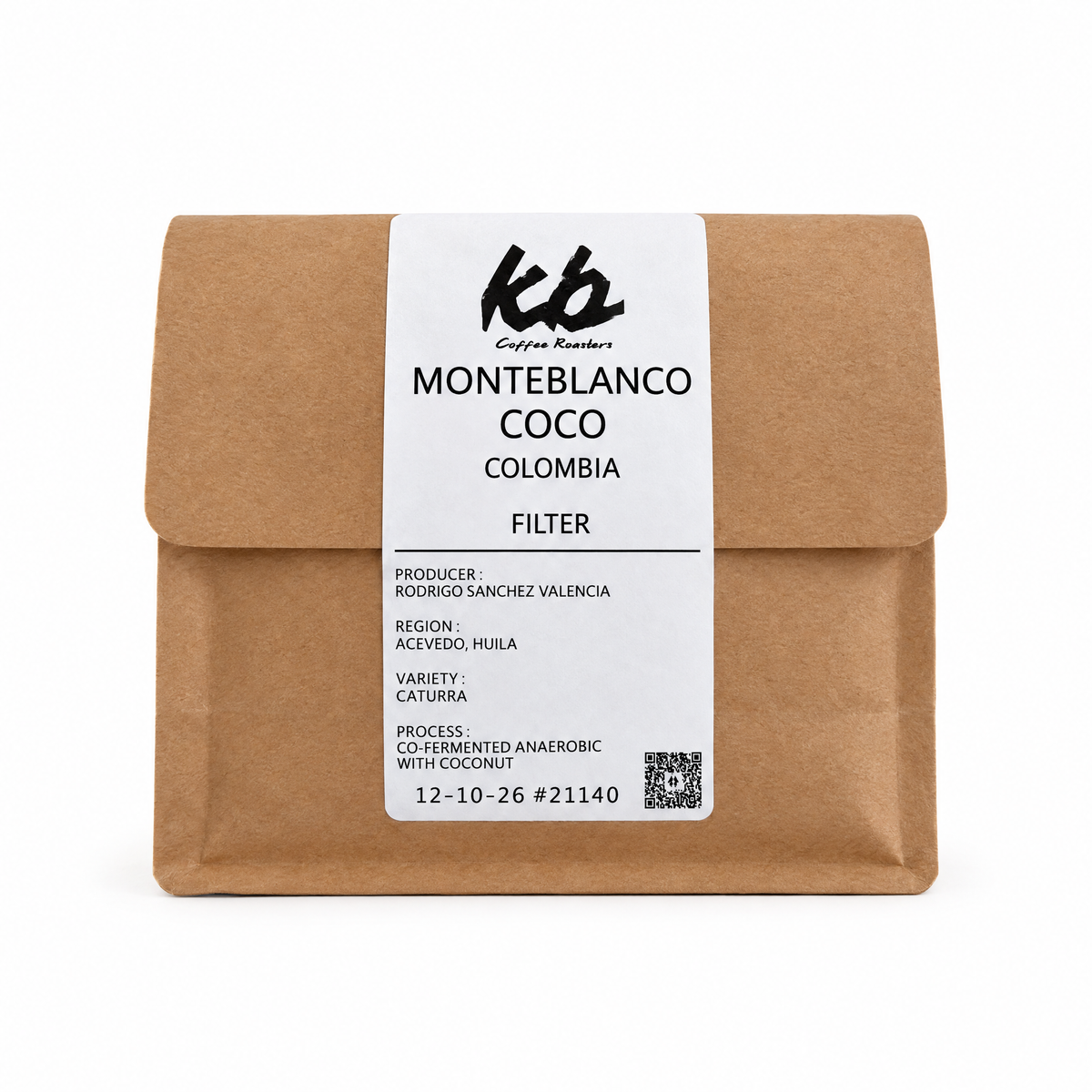 KB Coffee Roasters Monteblanco Coco coffee bag with label on white background