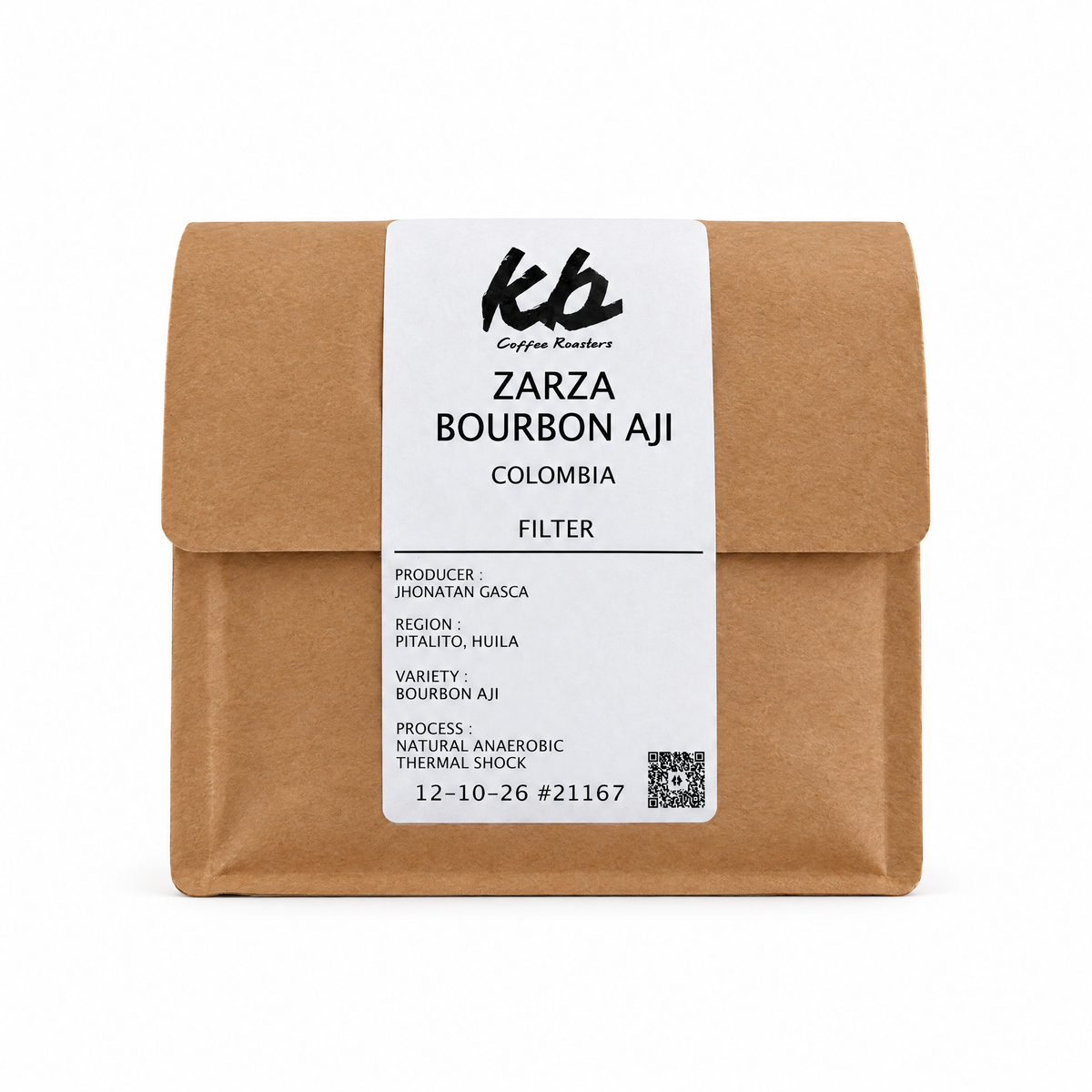 KB Coffee Roasters Zarza Aji coffee bag with label on white background