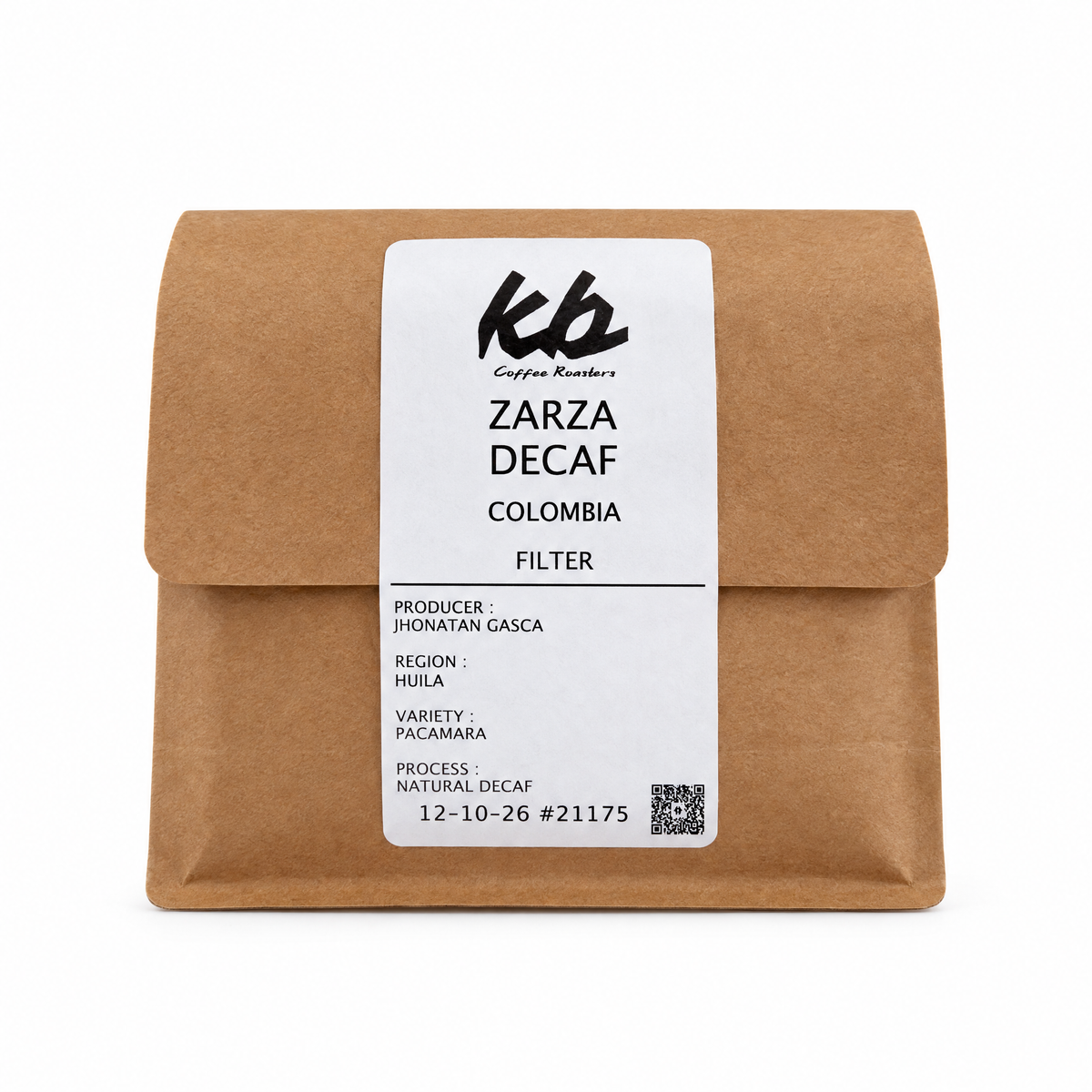 KB Coffee Roasters Zarza Decaf coffee bag with label on white background