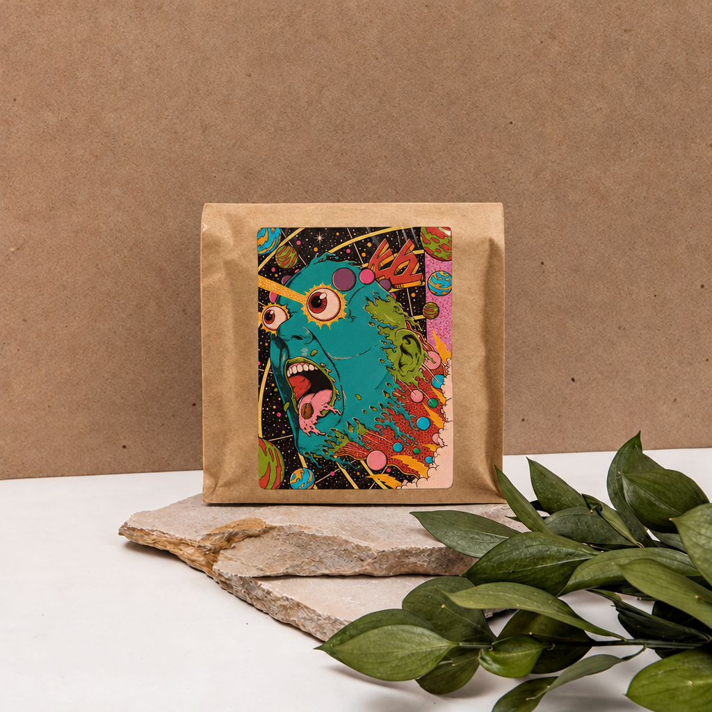 KB Coffee Roasters Monteblanco Coco coffee bag on kraft backdrop